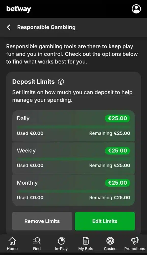Betway responsible gambling page showing daily, weekly and monthly deposit limits of 25 euro with amounts used and remaining