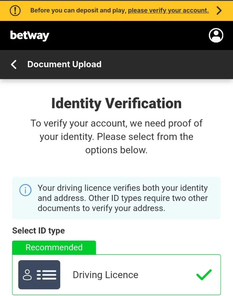 Betway identity verification screen showing document upload rules, with driving licence marked as the recommended ID type