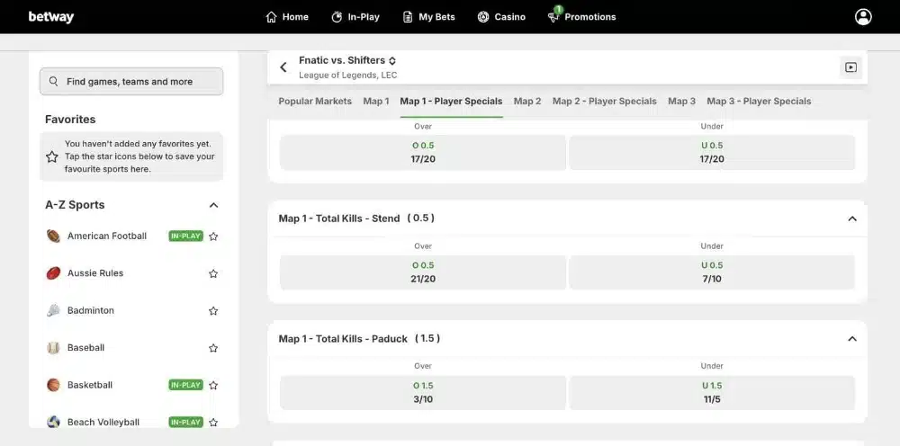 Betway player kill markets for the Fnatic versus Shifters League of Legends match, showing individual player lines and prices