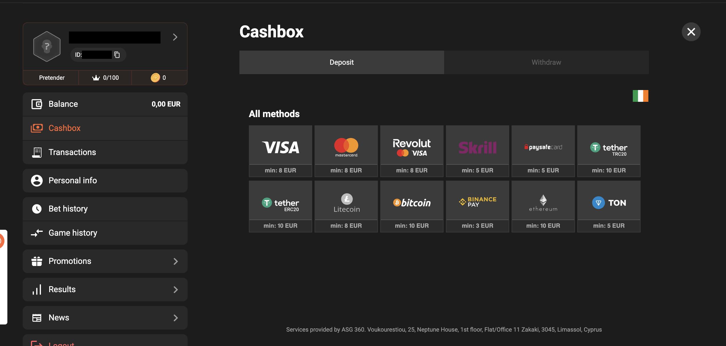 GG.BET cashier showing twelve deposit methods including Revolut and crypto