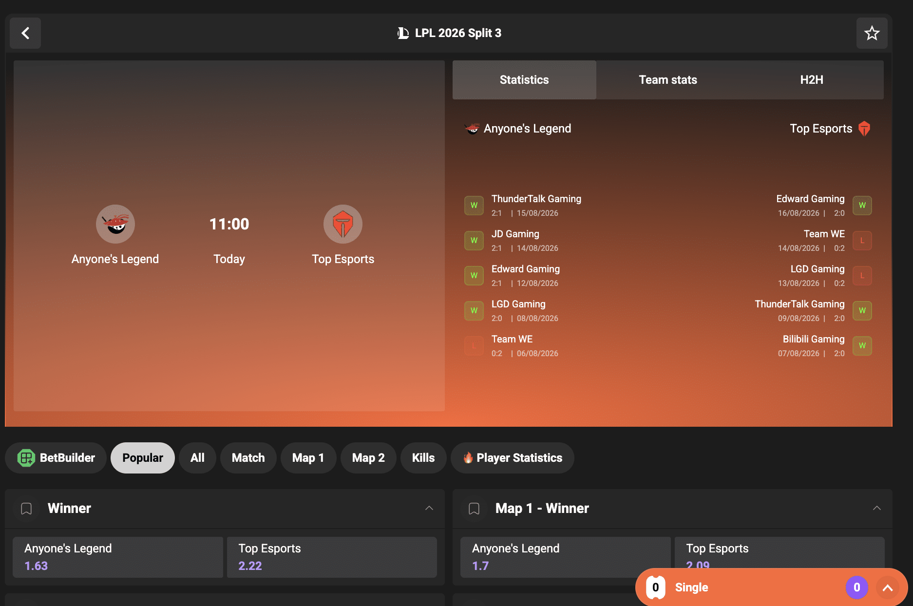 GG.BET match page showing team form and head to head next to the odds