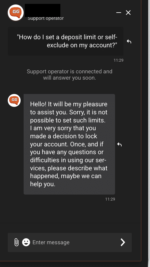 GG.BET live chat confirming deposit limits and self-exclusion are not available