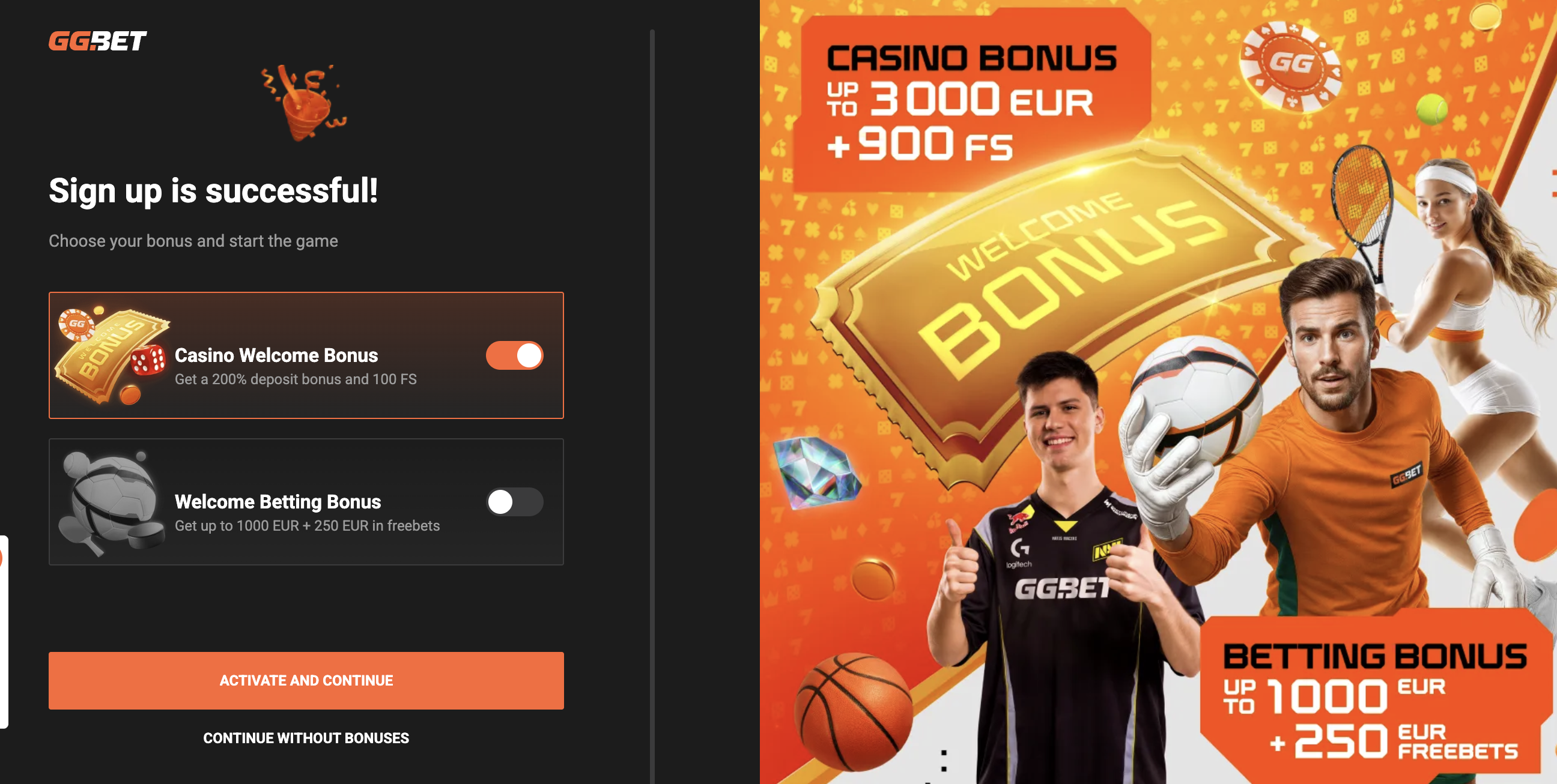 GG.BET welcome bonus of up to 1000 EUR plus 250 EUR in free bets